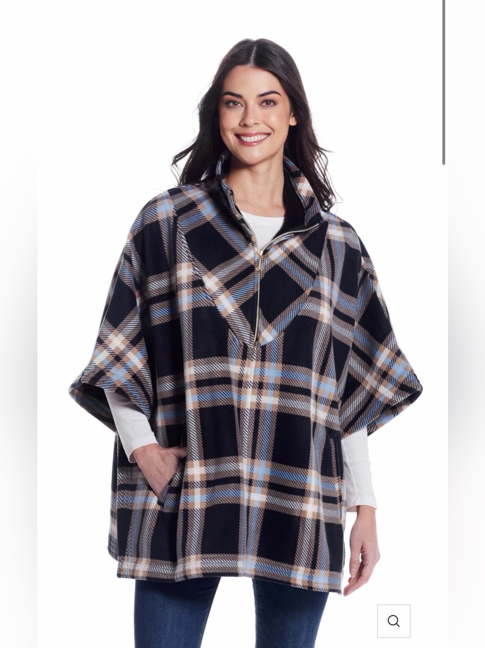Weatherproof One Size Plaid Zip Fleece Poncho Pullover Cape Shawl